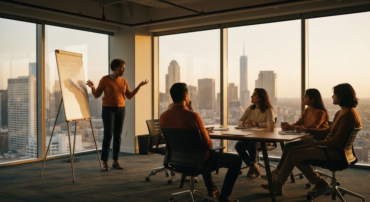 EX Venture team collaborating in modern office at golden hour